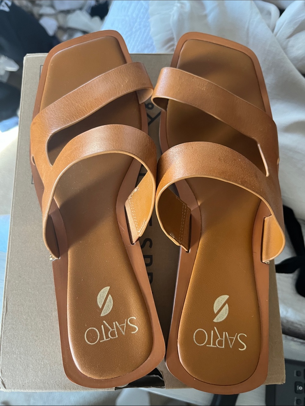 Franco Sarto Tan Double-Strap Slide Sandals
